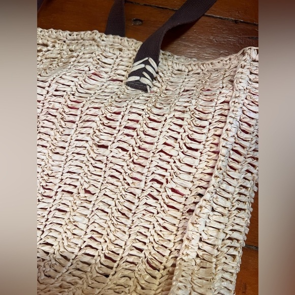 Quicksilver straw light tan shoulder bag EUC pink lining tote leather straps - Picture 2 of 9